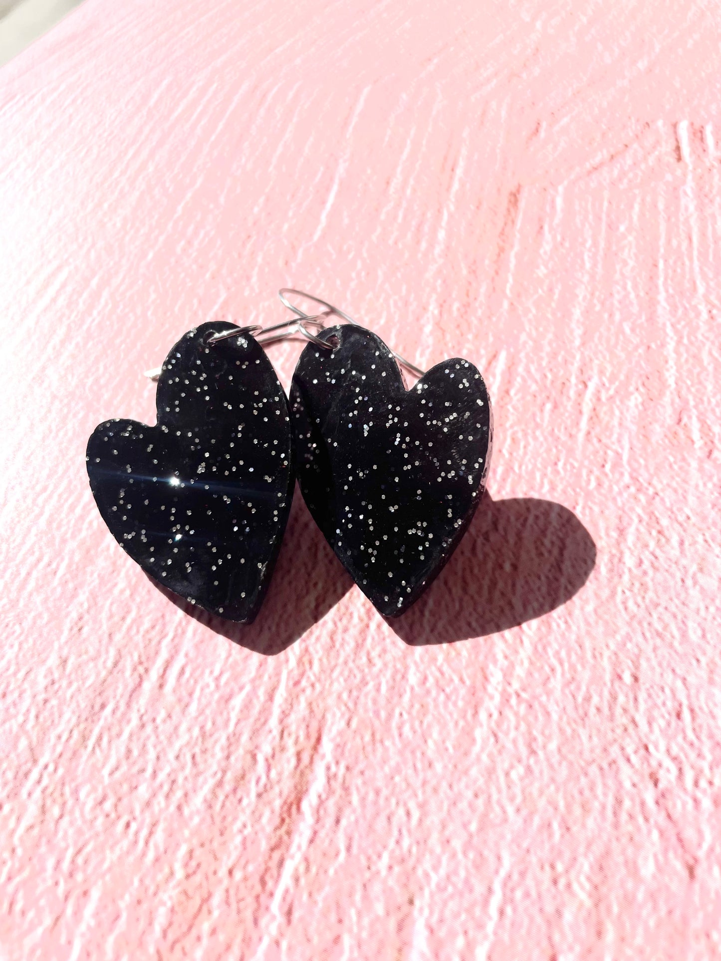 Black Glitter Heart Earrings