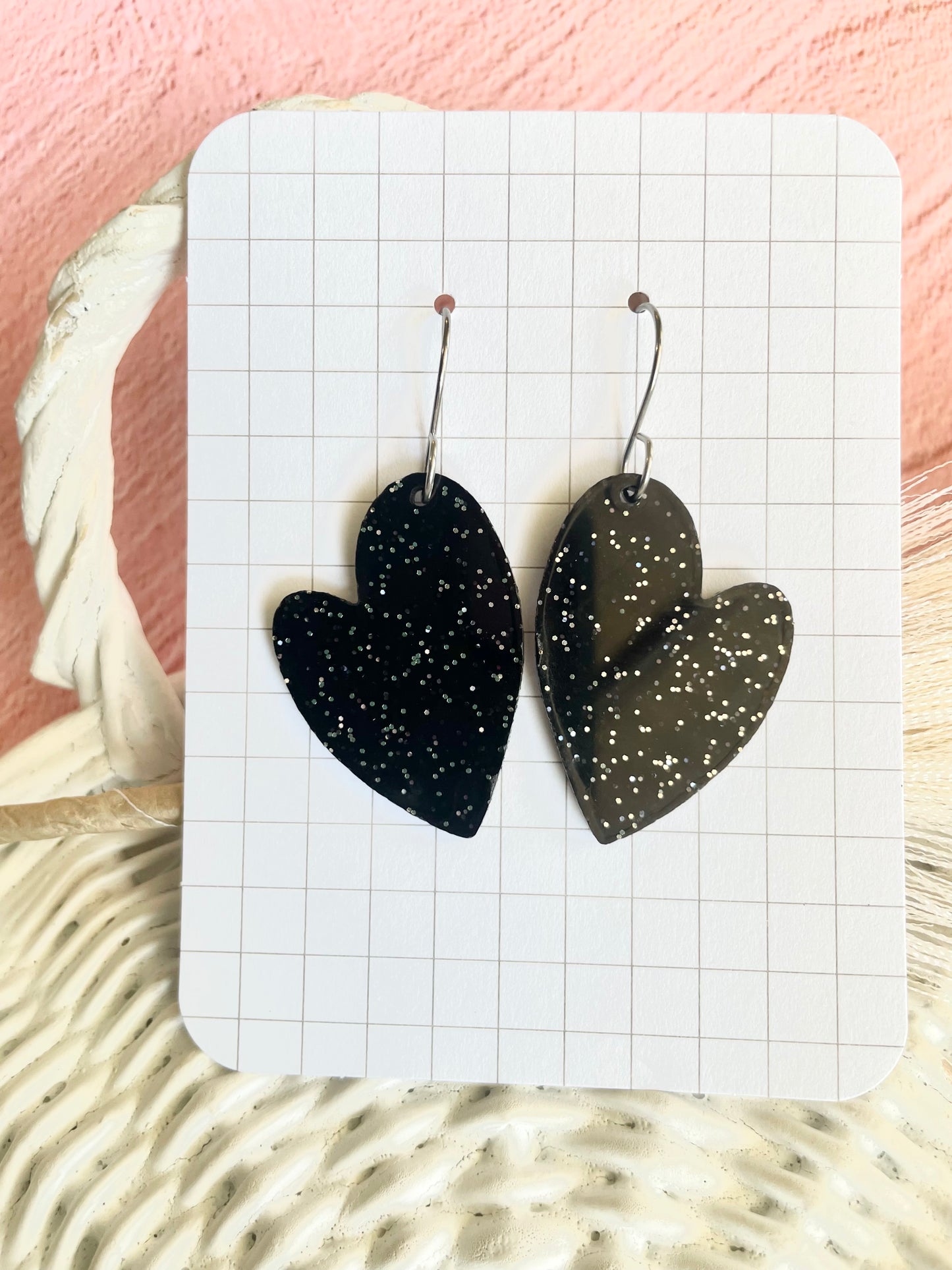 Black Glitter Heart Earrings