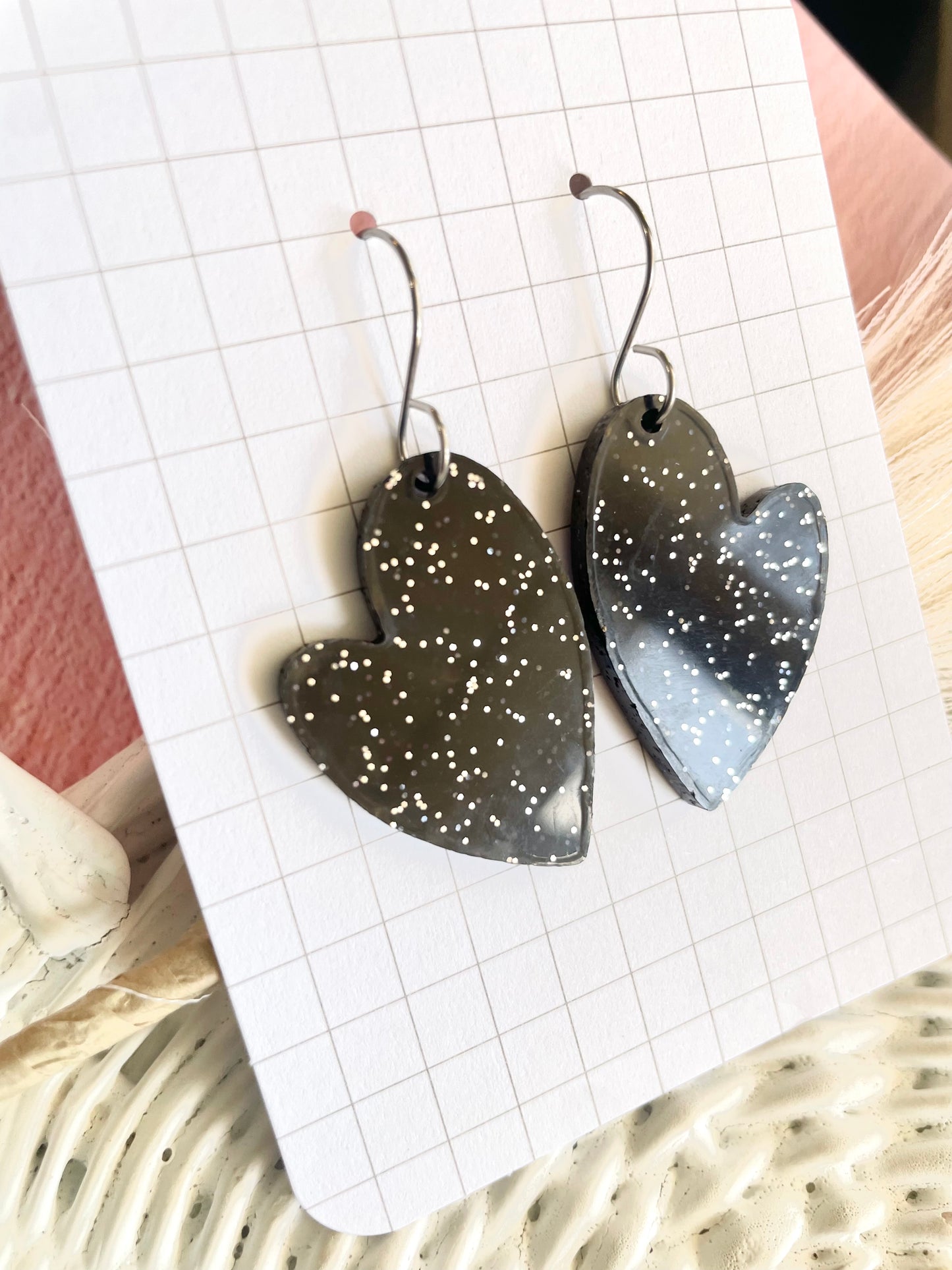 Black Glitter Heart Earrings